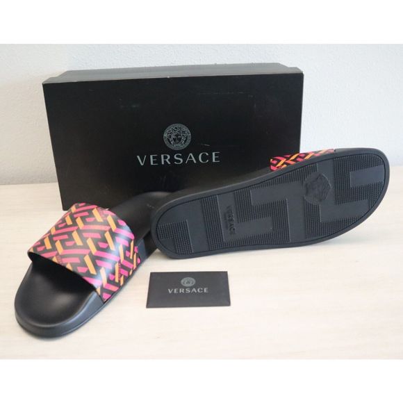 Versace Men's Sz 45 US 12 Magenta/Tangerine Gomma Stampa Slide Sandals $450 - Picture 2 of 7